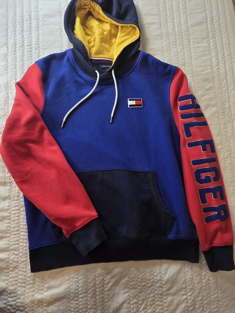 Tommy Hilfiger Blue Hooded Sweatshirt with Red Sleeves and Yellow Lining